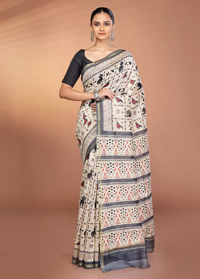 Cream Chanderi Silk Saree With Blouse Piece - Image 2