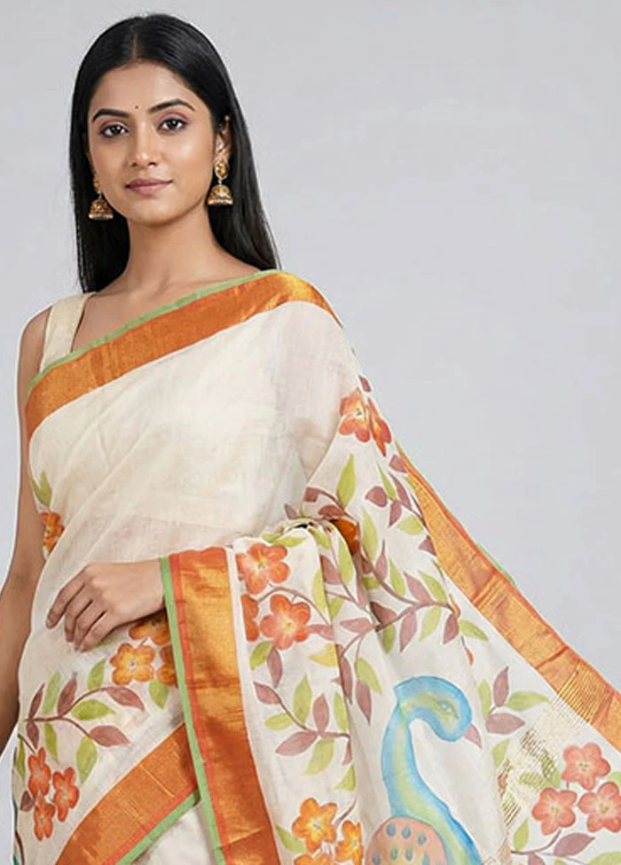 Cream Chanderi Silk Saree With Blouse Piece - Image 2