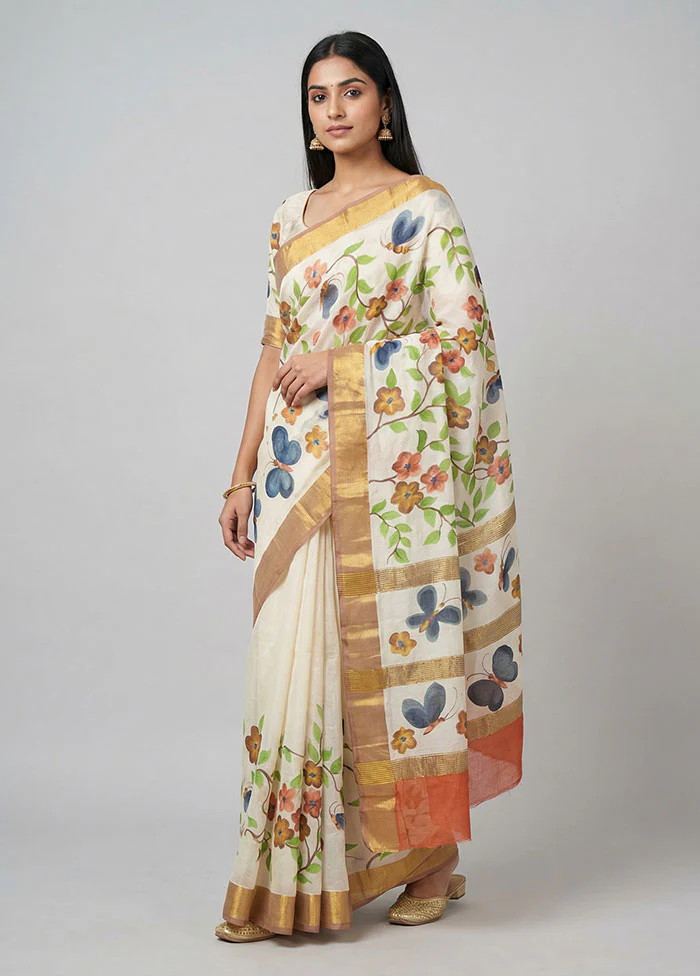Cream Chanderi Silk Saree With Blouse Piece