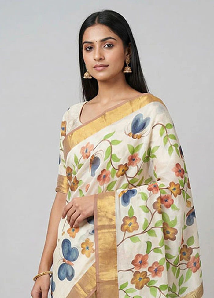 Cream Chanderi Silk Saree With Blouse Piece - Image 2