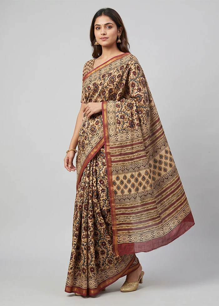 Cream Chanderi Silk Saree With Blouse Piece