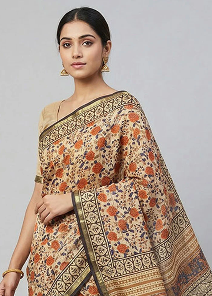 Cream Chanderi Silk Saree With Blouse Piece - Image 2