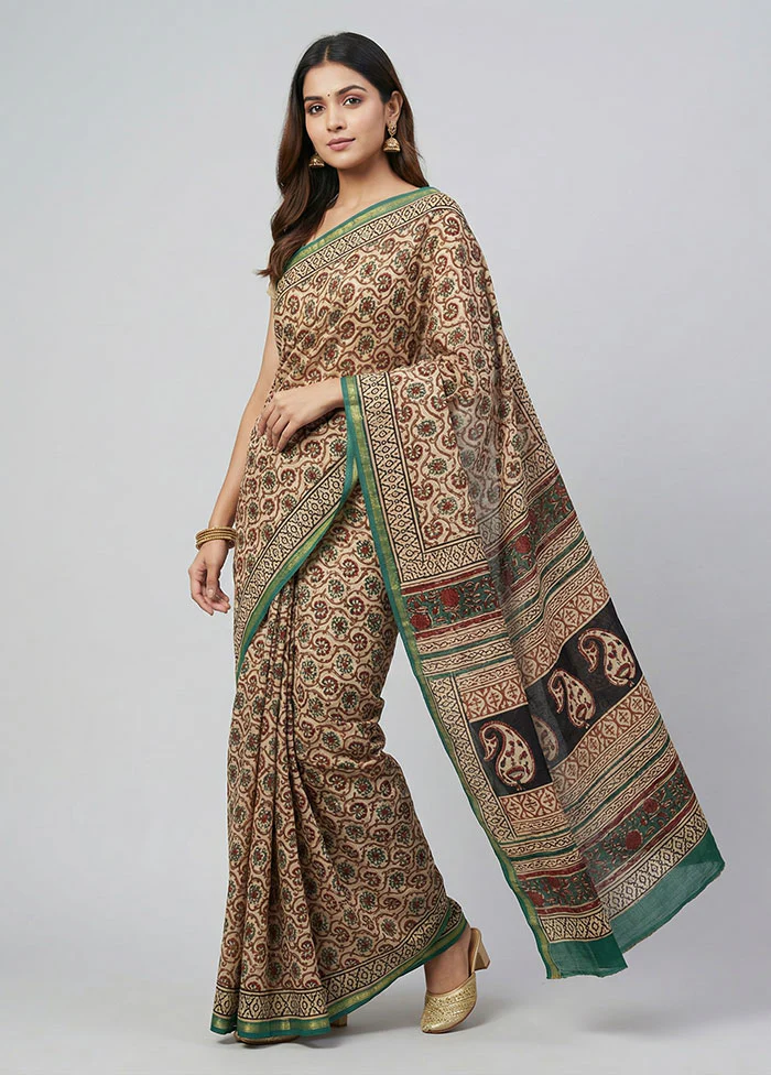 Cream Chanderi Silk Saree With Blouse Piece