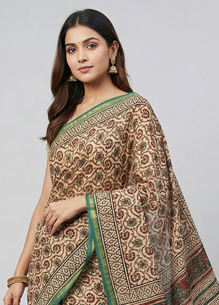 Cream Chanderi Silk Saree With Blouse Piece - Image 2