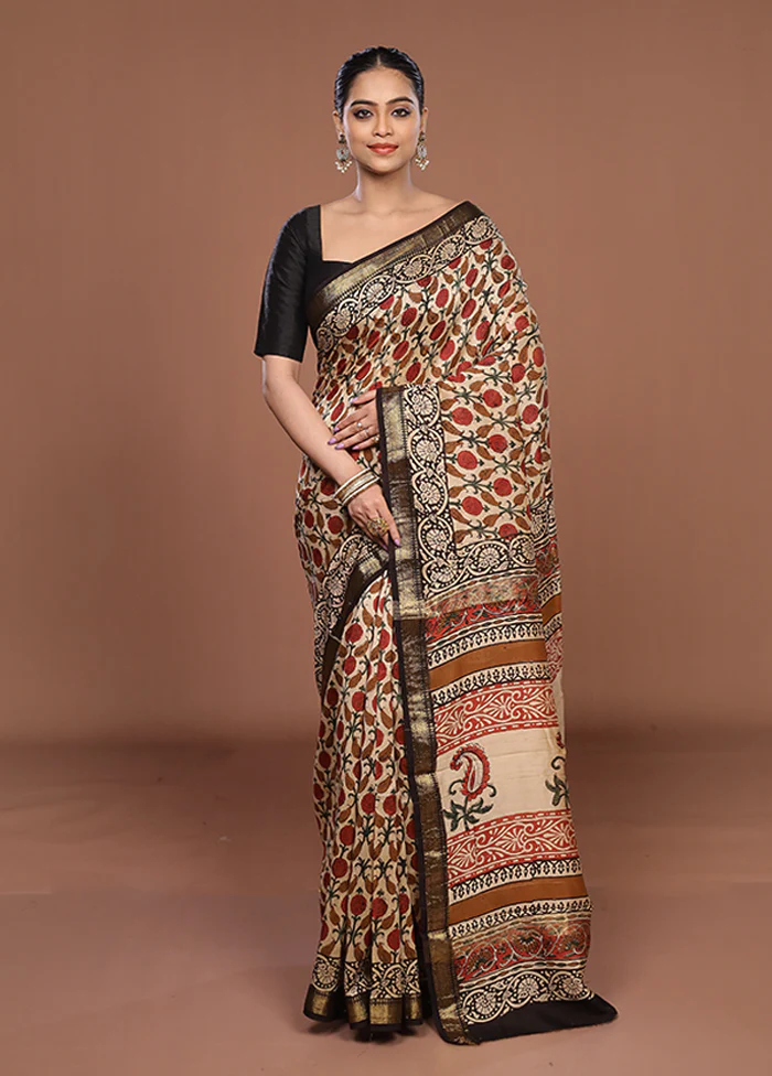Cream Chanderi Silk Saree With Blouse Piece - Image 2
