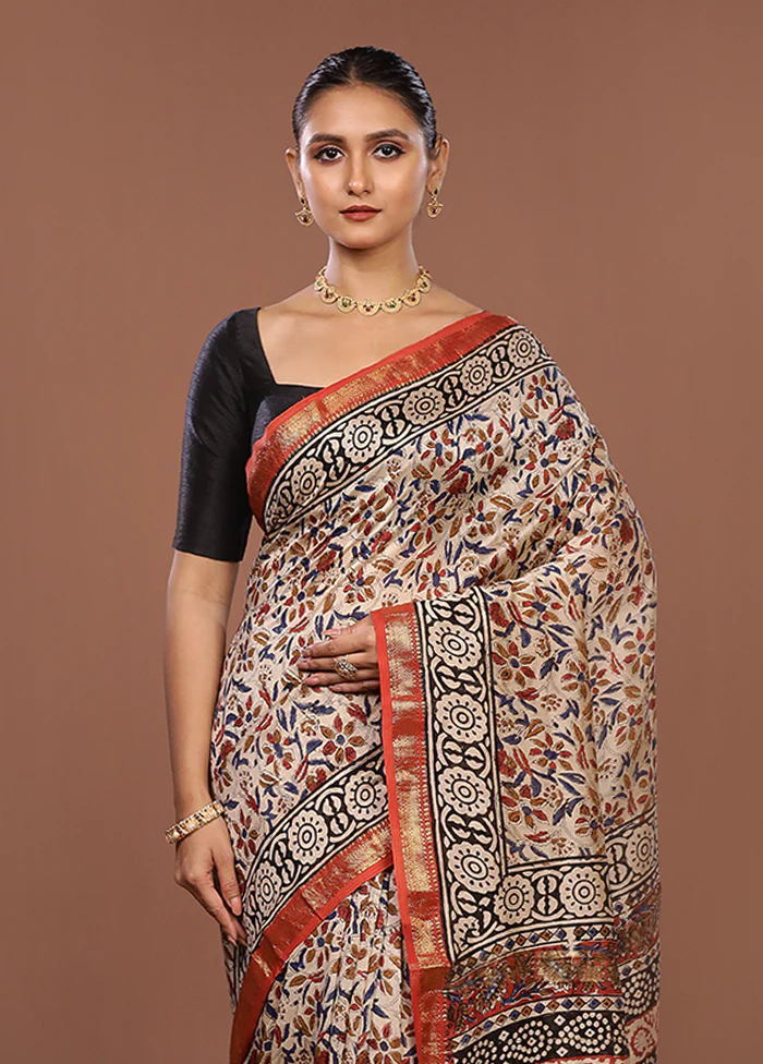 Cream Chanderi Silk Saree With Blouse Piece