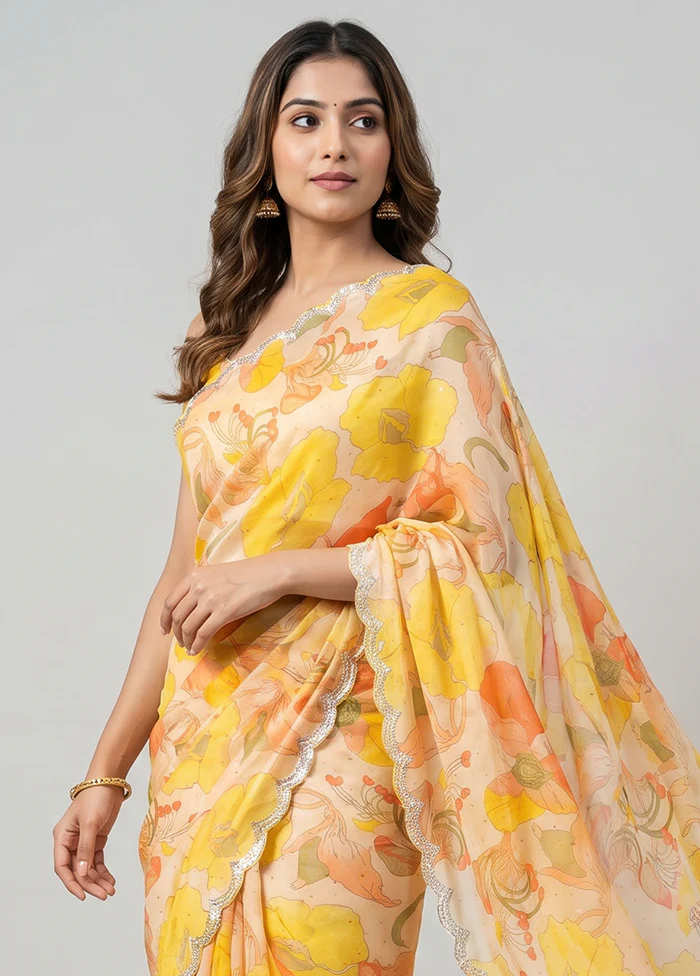 Cream Chiffon Silk Saree With Blouse Piece - Image 2
