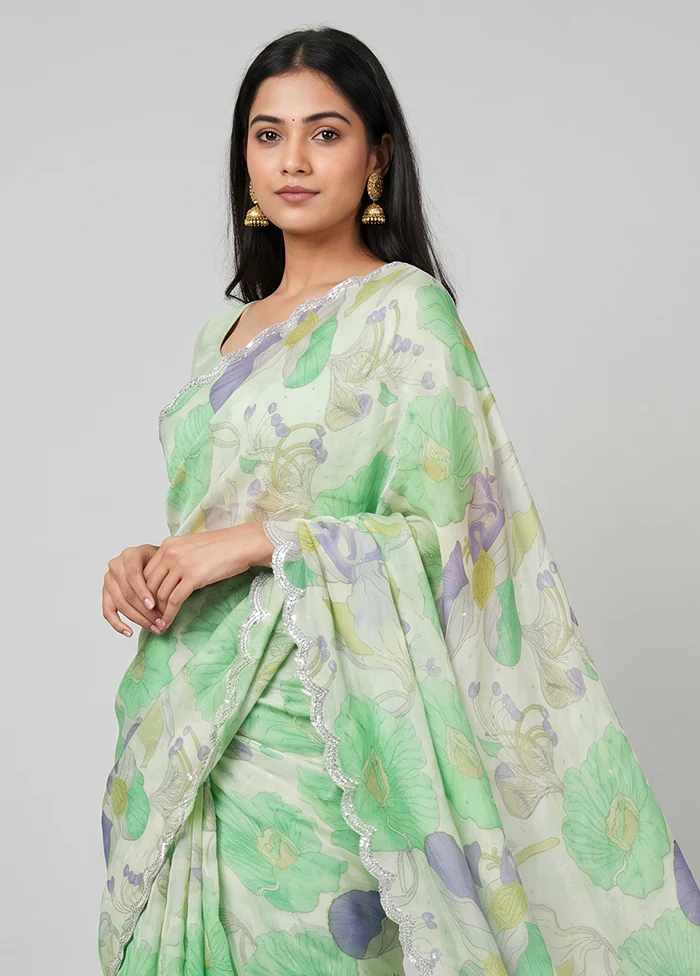 Cream Chiffon Silk Saree With Blouse Piece - Image 2