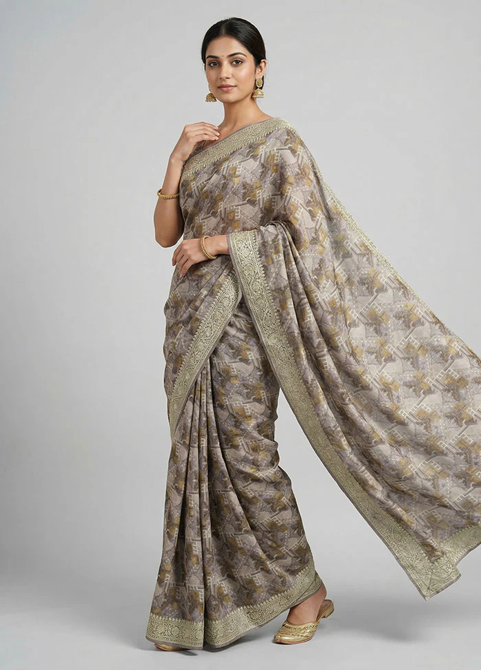 Cream Chiffon Silk Saree With Blouse Piece