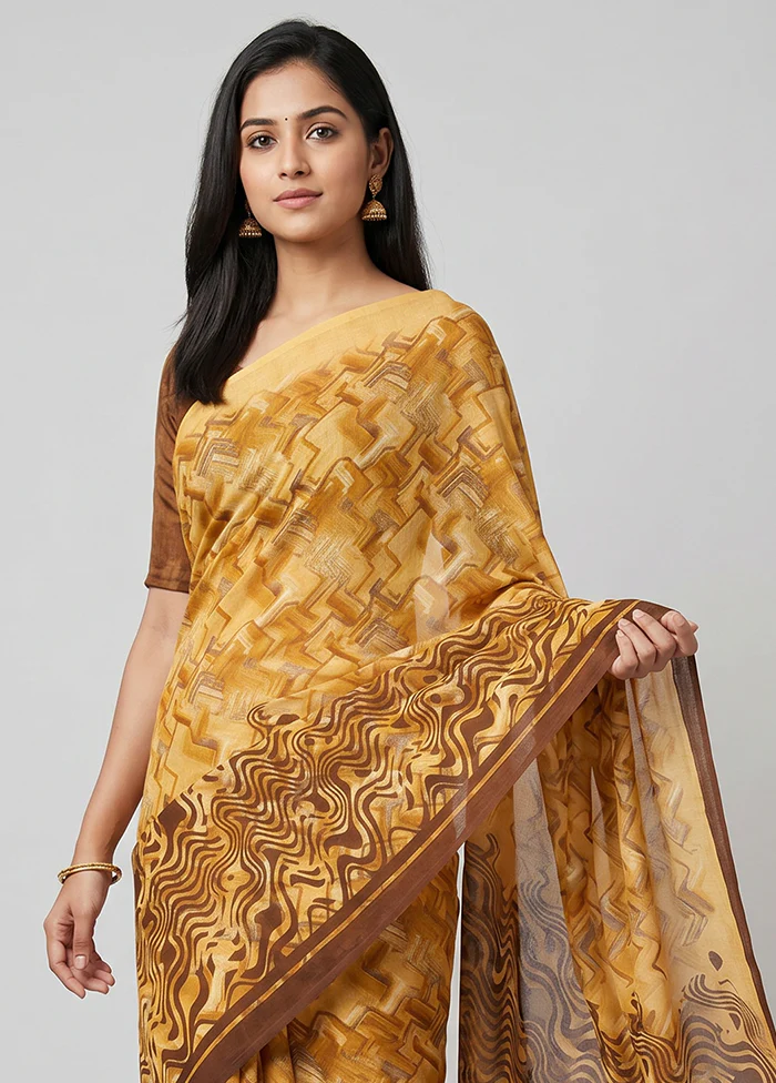 Cream Chiffon Silk Saree With Blouse Piece - Image 2