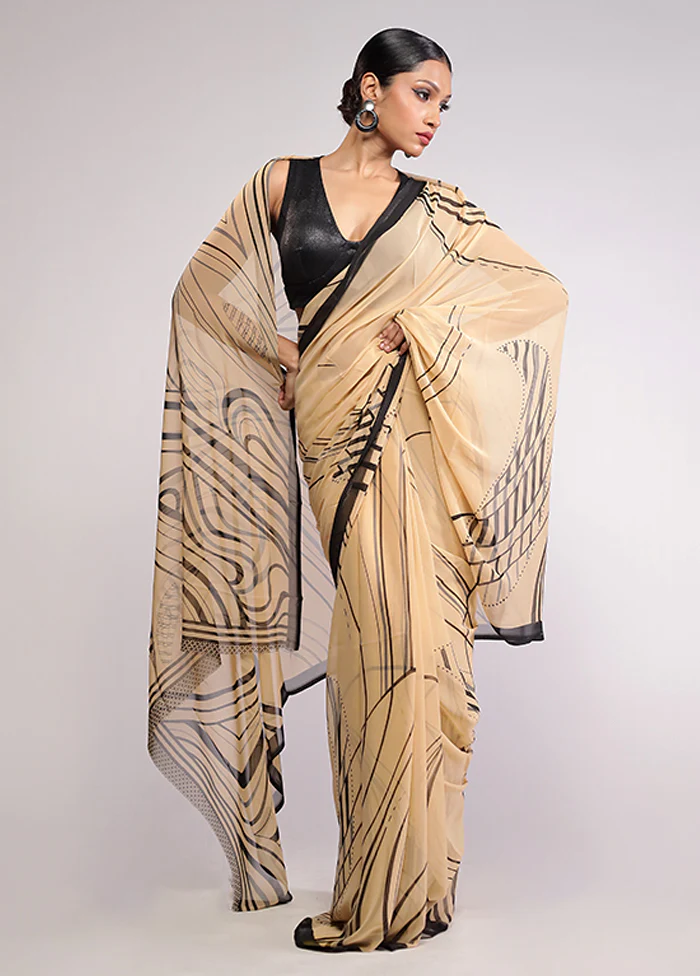 Cream Chiffon Silk Saree With Blouse Piece - Image 2