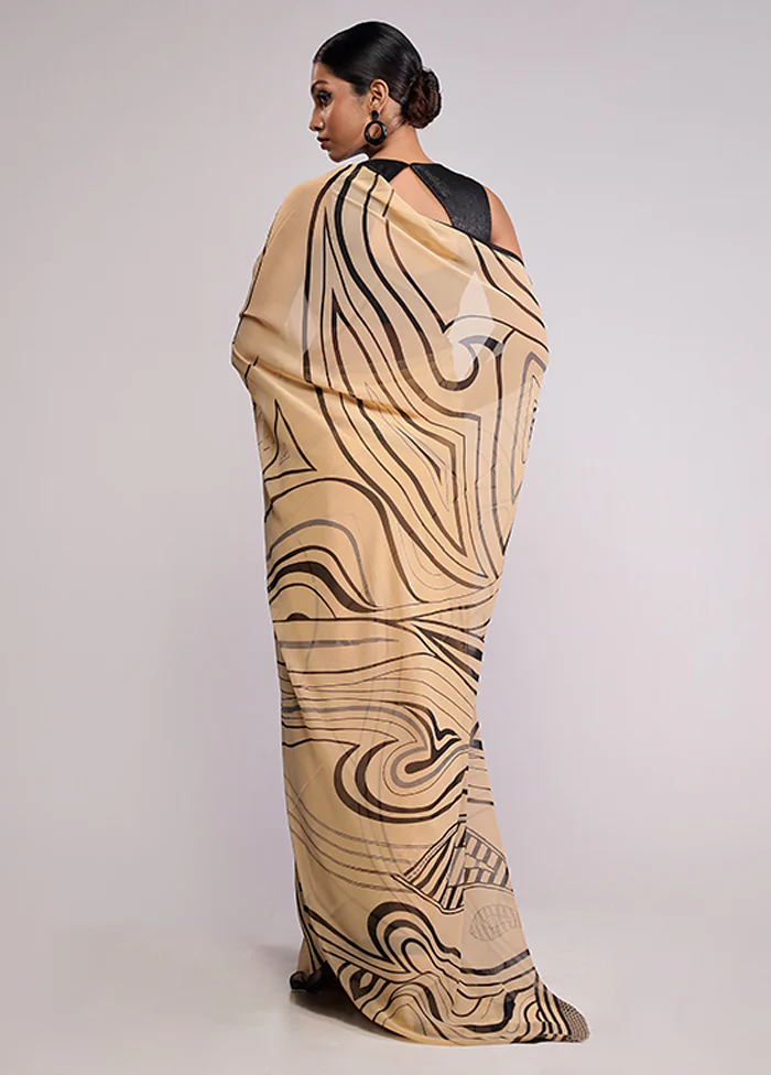 Cream Chiffon Silk Saree With Blouse Piece - Image 3