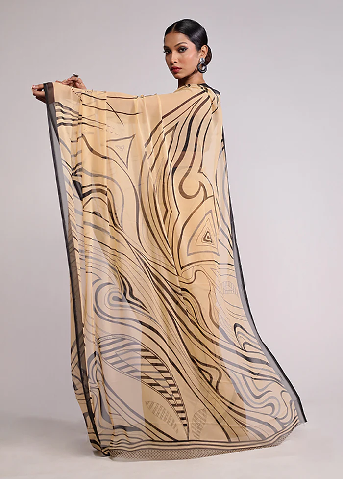 Cream Chiffon Silk Saree With Blouse Piece - Image 4