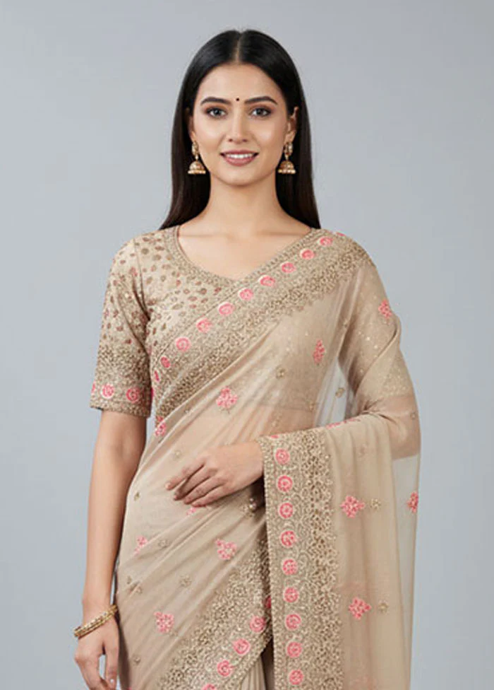 Cream Chiffon Silk Saree With Blouse Piece - Image 2