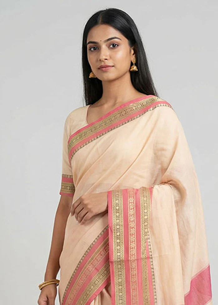 Cream Cotton Saree With Blouse Piece - Image 2