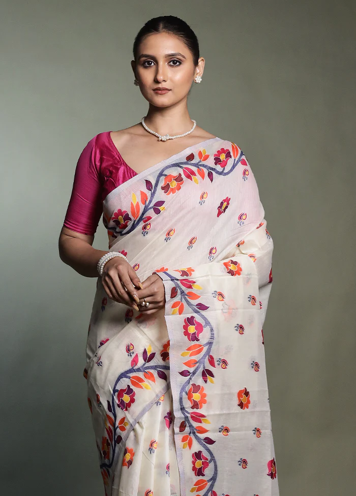 Cream Cotton Saree With Blouse Piece