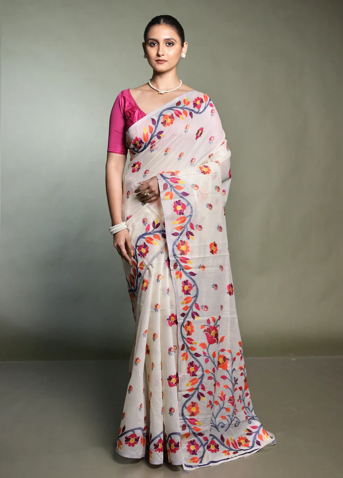 Cream Cotton Saree With Blouse Piece - Image 2