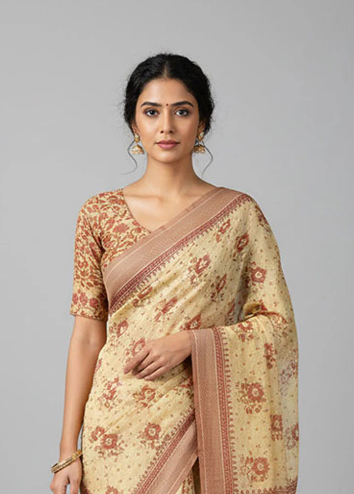 Cream Cotton Saree With Blouse Piece - Image 2