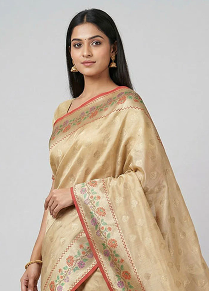 Cream Cotton Saree With Blouse Piece - Image 2