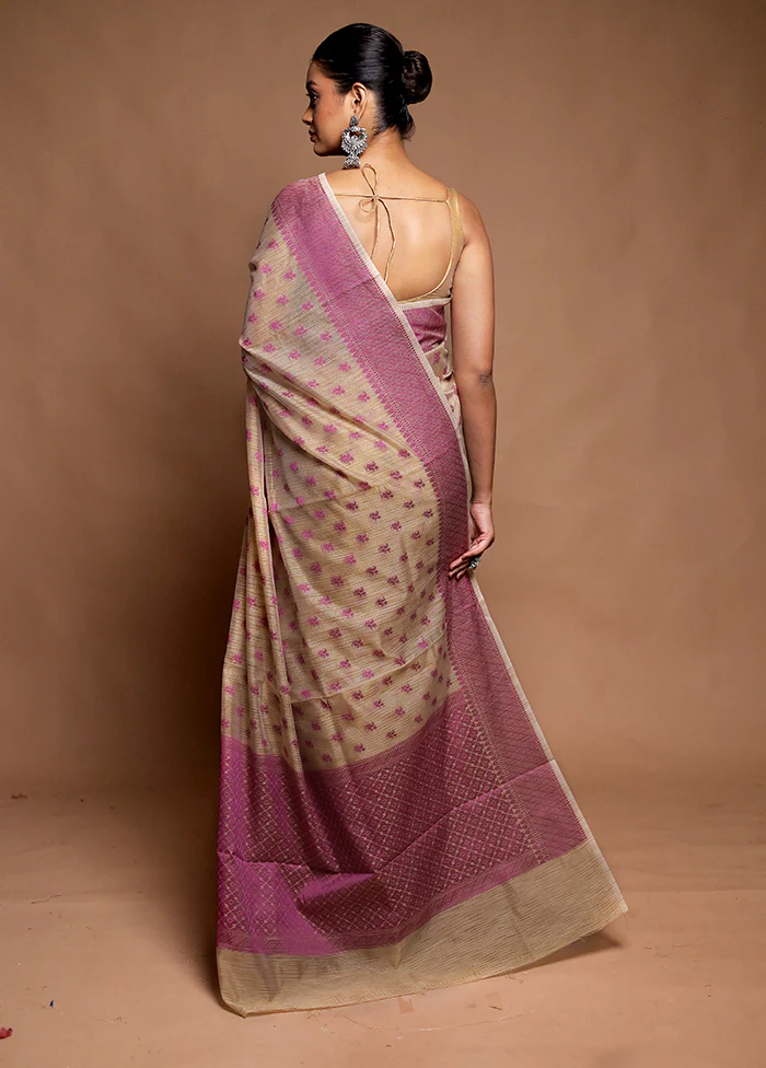Cream Cotton Saree With Blouse Piece - Image 3
