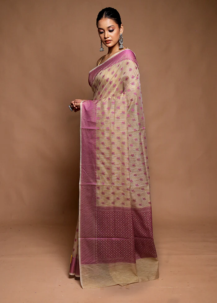 Cream Cotton Saree With Blouse Piece - Image 4