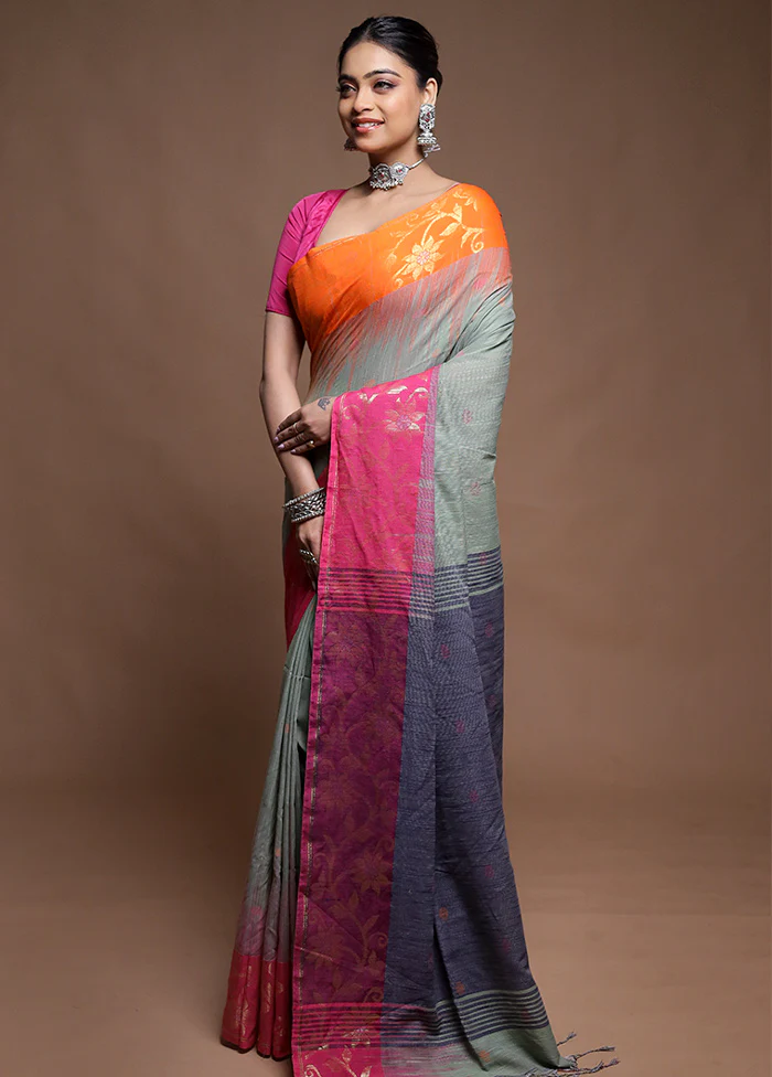 Cream Cotton Saree With Blouse Piece - Image 4