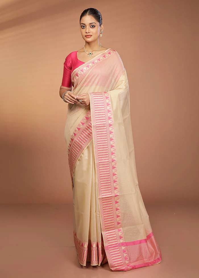 Cream Cotton Saree With Blouse Piece - Image 2