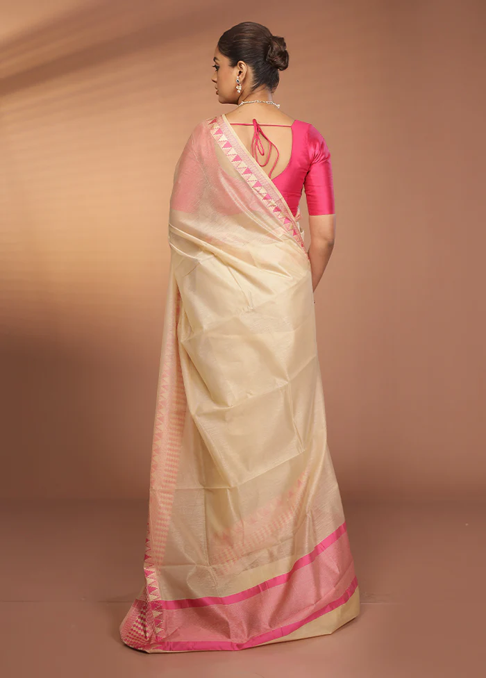 Cream Cotton Saree With Blouse Piece - Image 3