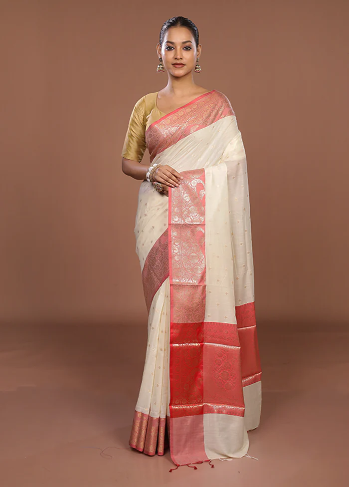 Cream Cotton Saree With Blouse Piece - Image 2