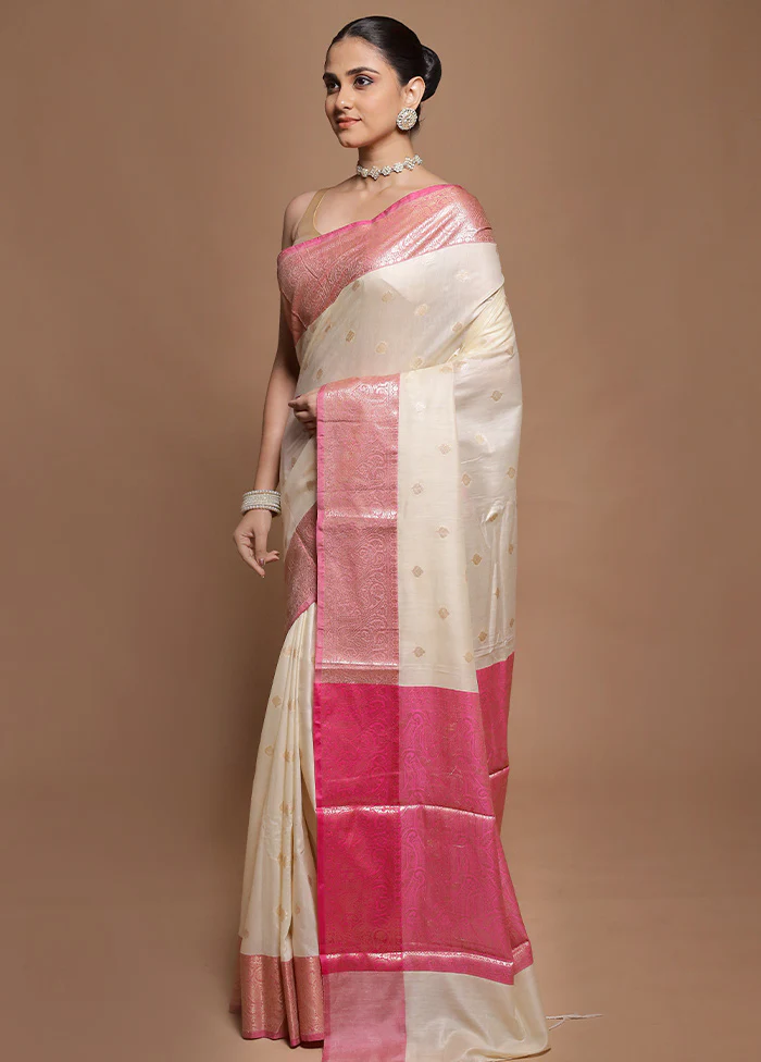 Cream Cotton Saree With Blouse Piece - Image 4