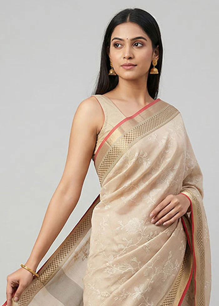 Cream Cotton Saree With Blouse Piece - Image 2