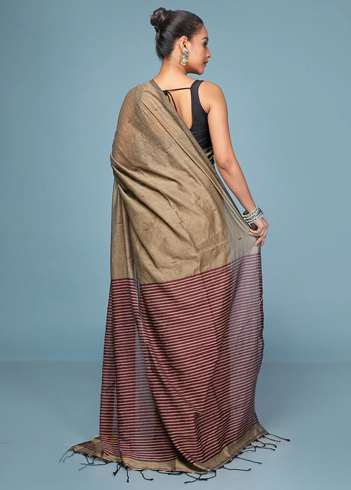 Cream Cotton Saree With Blouse Piece - Image 3