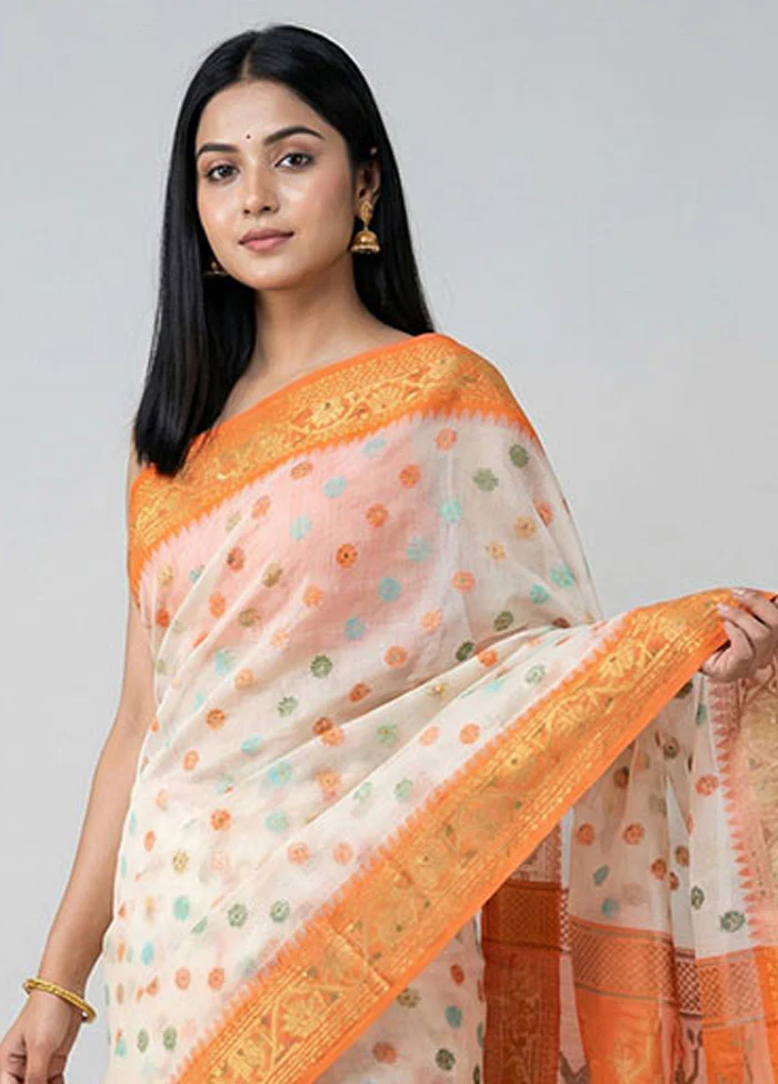 Cream Cotton Saree With Blouse Piece - Image 2
