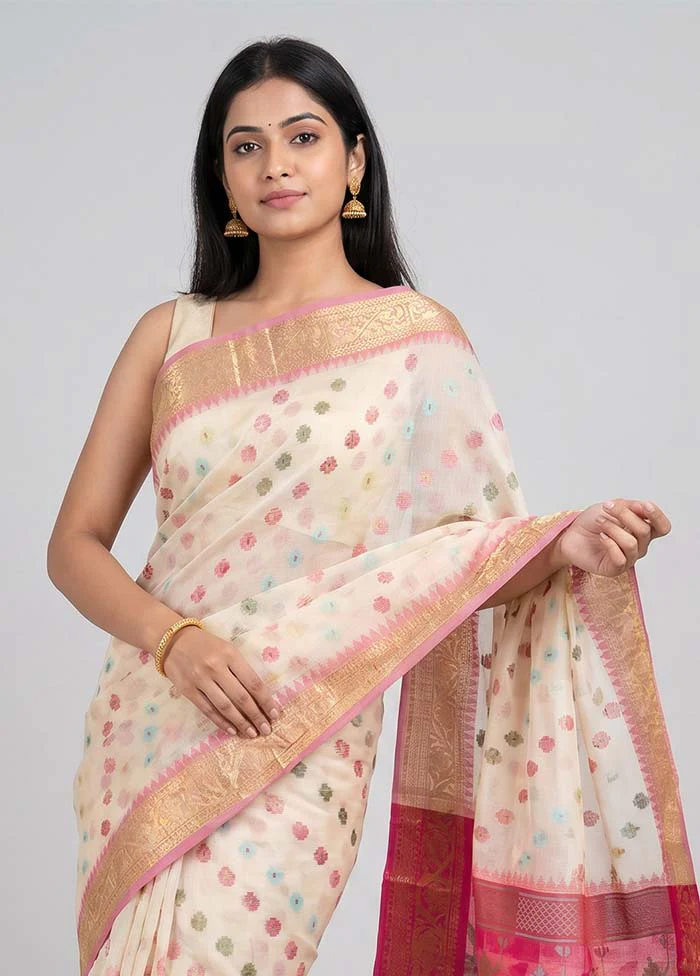 Cream Cotton Saree With Blouse Piece - Image 2