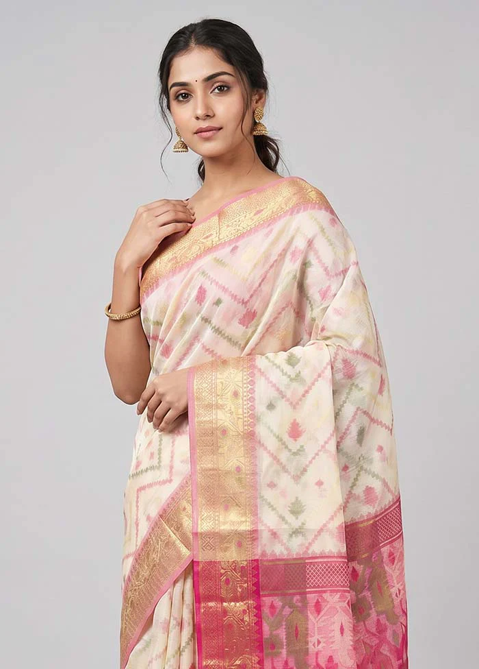 Cream Cotton Saree With Blouse Piece - Image 2