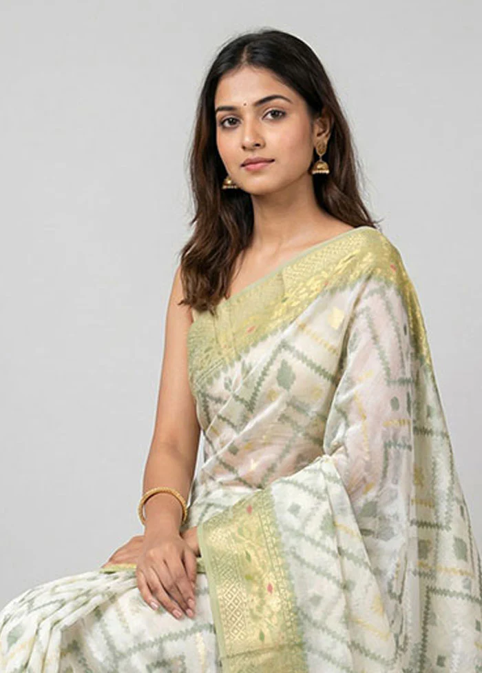 Cream Cotton Saree With Blouse Piece - Image 2