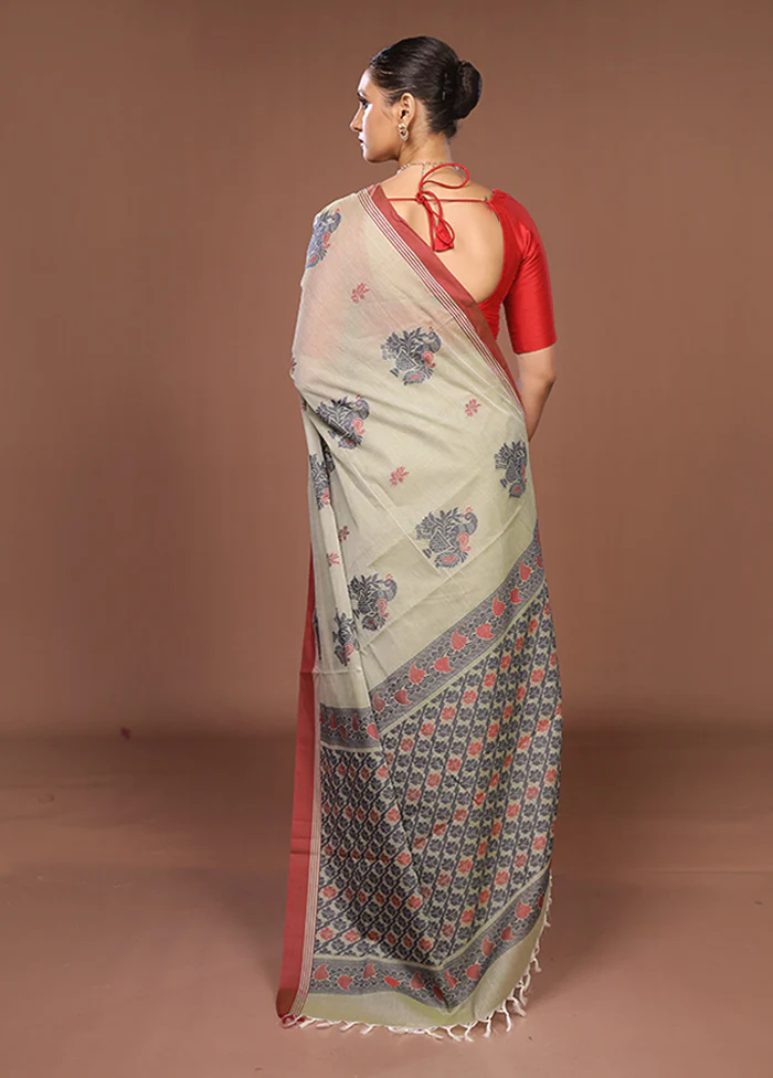 Cream Cotton Saree With Blouse Piece - Image 3