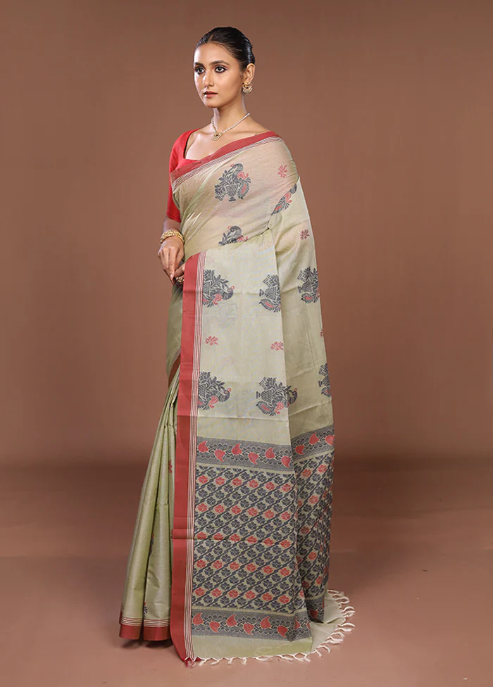 Cream Cotton Saree With Blouse Piece - Image 4