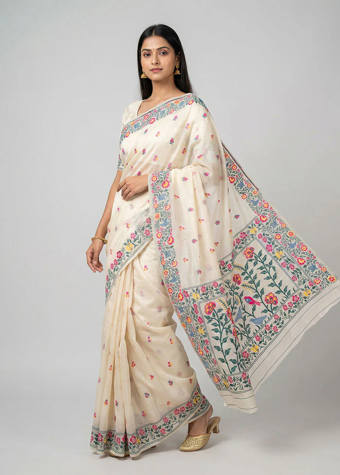 Cream Cotton Saree With Blouse Piece