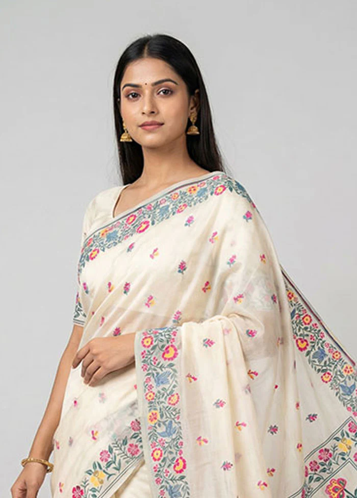Cream Cotton Saree With Blouse Piece - Image 2