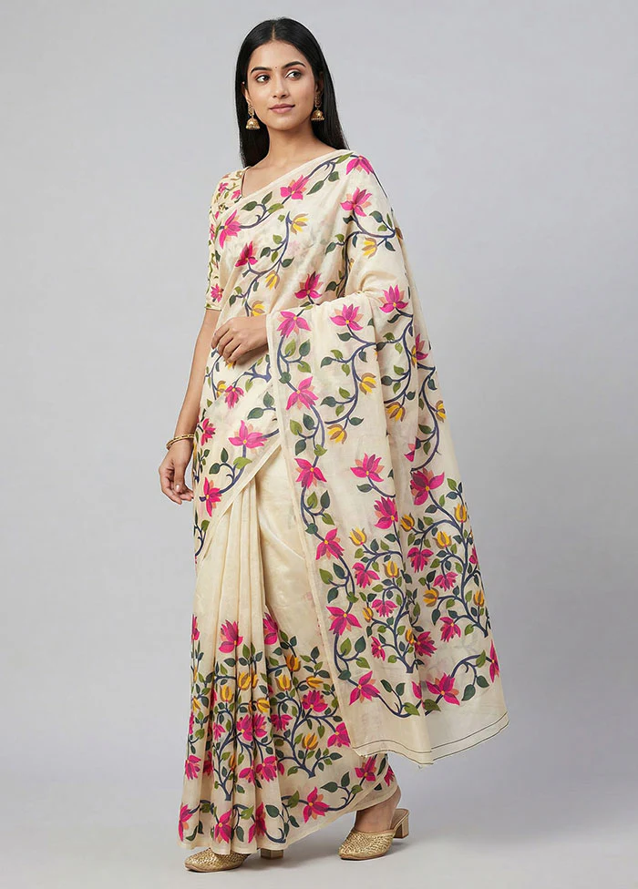 Cream Cotton Saree With Blouse Piece