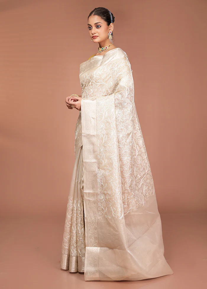 Cream Cotton Saree With Blouse Piece - Image 4