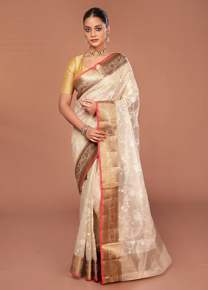 Cream Cotton Saree With Blouse Piece - Image 2