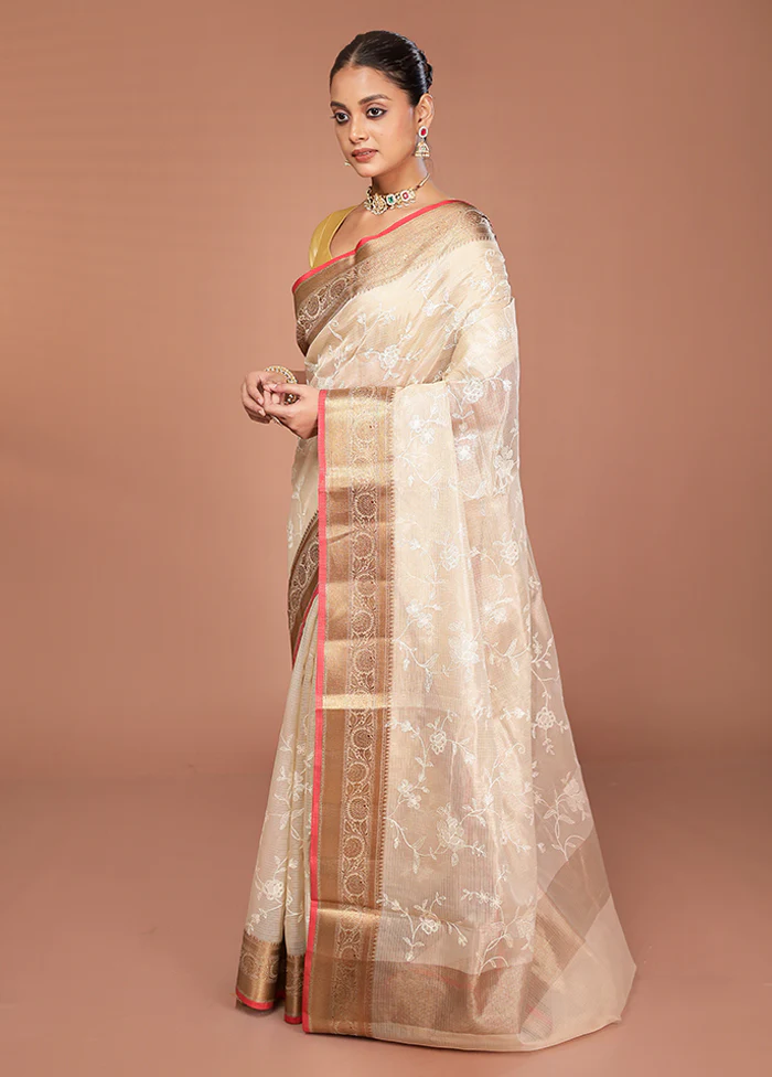 Cream Cotton Saree With Blouse Piece - Image 4