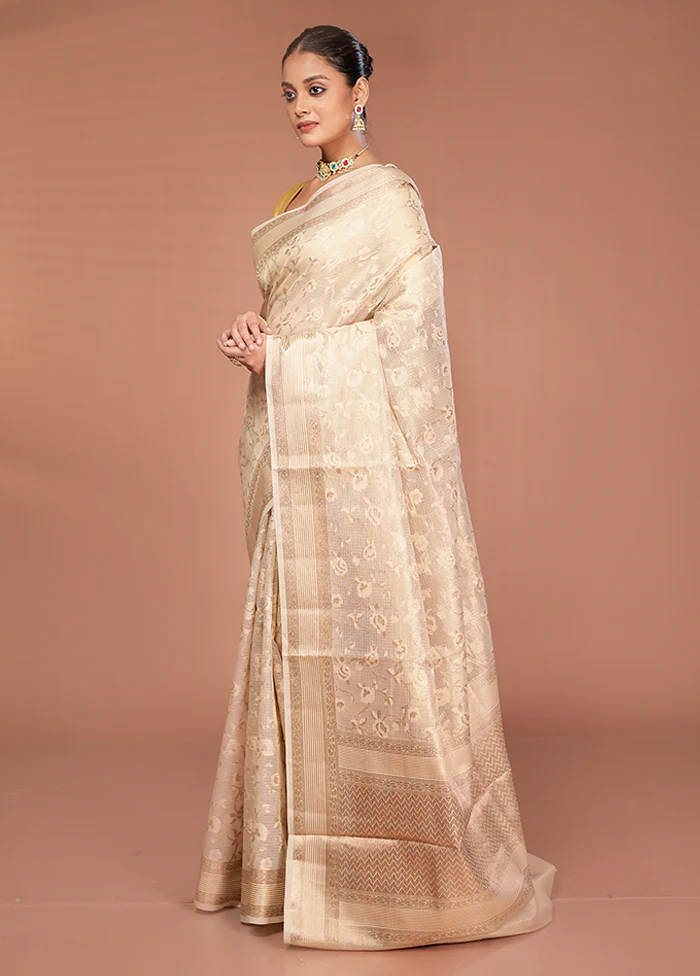 Cream Cotton Saree With Blouse Piece - Image 4