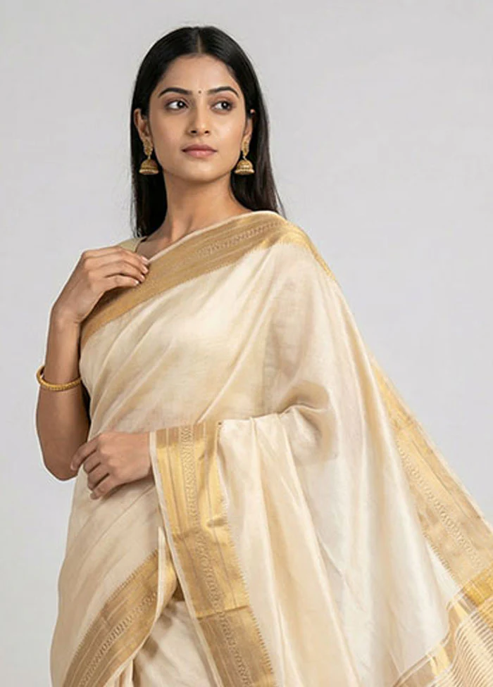 Cream Dupion Silk Saree With Blouse Piece - Image 2