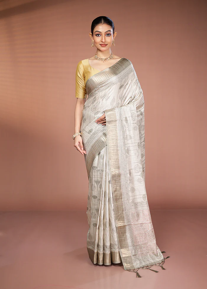 Cream Dupion Silk Saree With Blouse Piece - Image 2