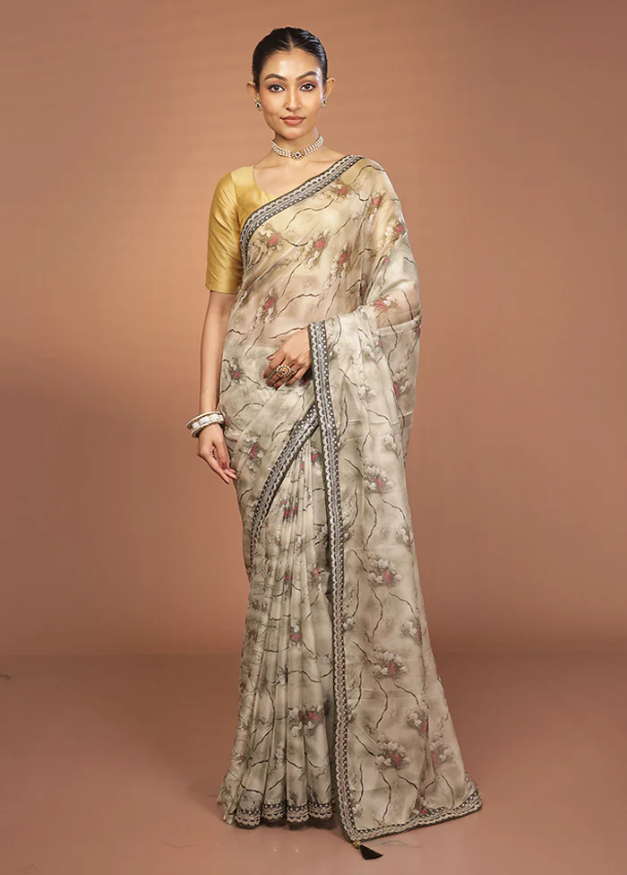 Cream Dupion Silk Saree With Blouse Piece - Image 2