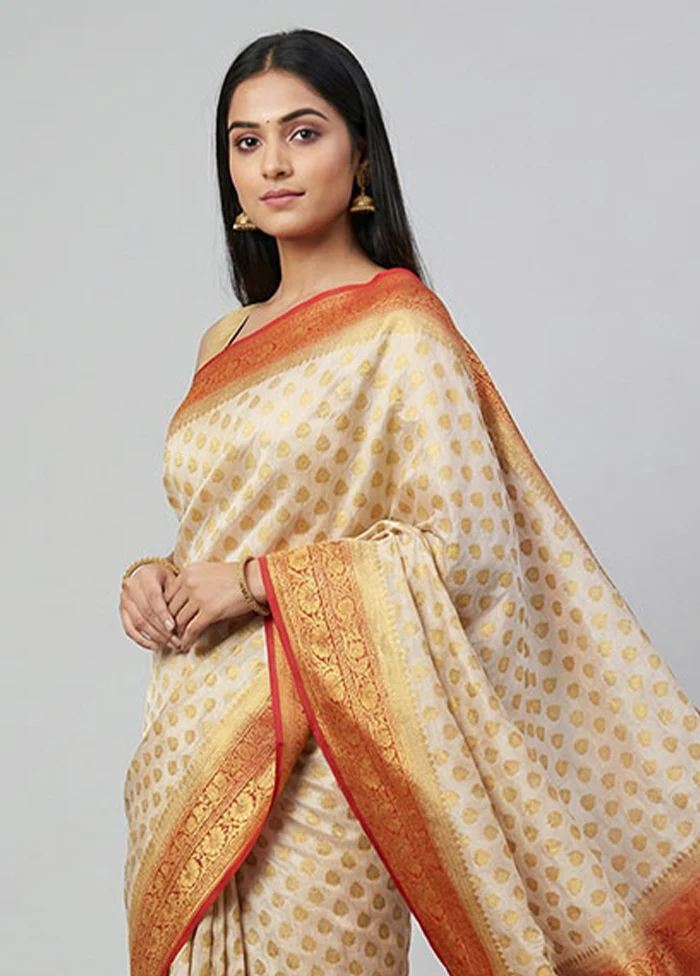 Cream Dupion Silk Saree With Blouse Piece - Image 2