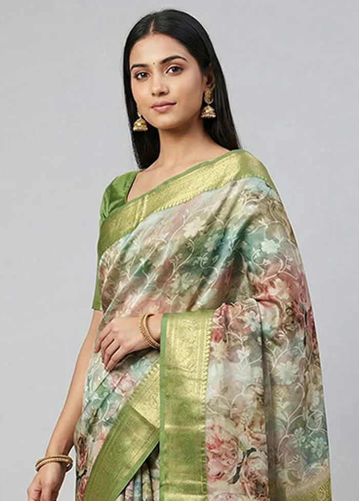 Cream Dupion Silk Saree With Blouse Piece - Image 2